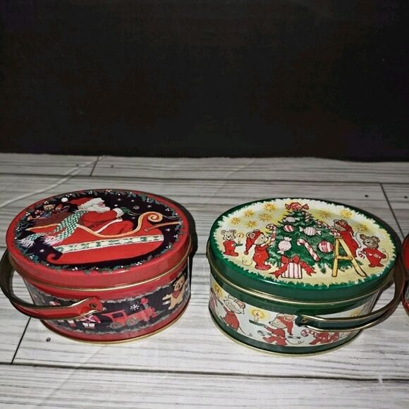 Vintage Keller Charles Philadelphia Mini Christmas Oval Tin Boxes Set Handle - Picture 4 of 9